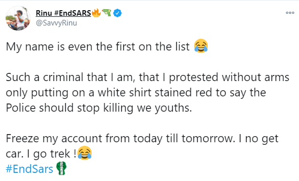 #EndSARS promoter, Rinuola mocks CBN after it secured a court order to freeze her account and that of 18 others