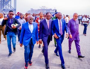 Governor of Lagos State, Mr. Babajide Sanwo-Olu (right); Board Chairman, Lekki Port LFTZ Enterprise Limited, Mr. Biodun Dabiri (middle) and Director, Lekki Port, Alhaji Bode Oyedele during the arrival ceremony of CMA CGM Scandola (largest LNG-Powered container vessel) berthed in Nigeria, at the Lekki Freeport Terminal, Lekki Port, Ibeju Lekki, on Monday, 29 January 2024.