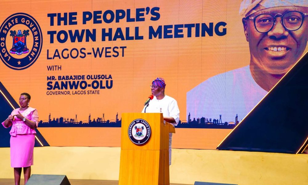 Governor of Lagos State, Mr. Babajide Sanwo-Olu addressing the Town hall meeting at the Lagos West Senatorial District, held at Balmoral Convention Centre, Sheraton Hotel, Ikeja, on Thursday, 25 January 2024.